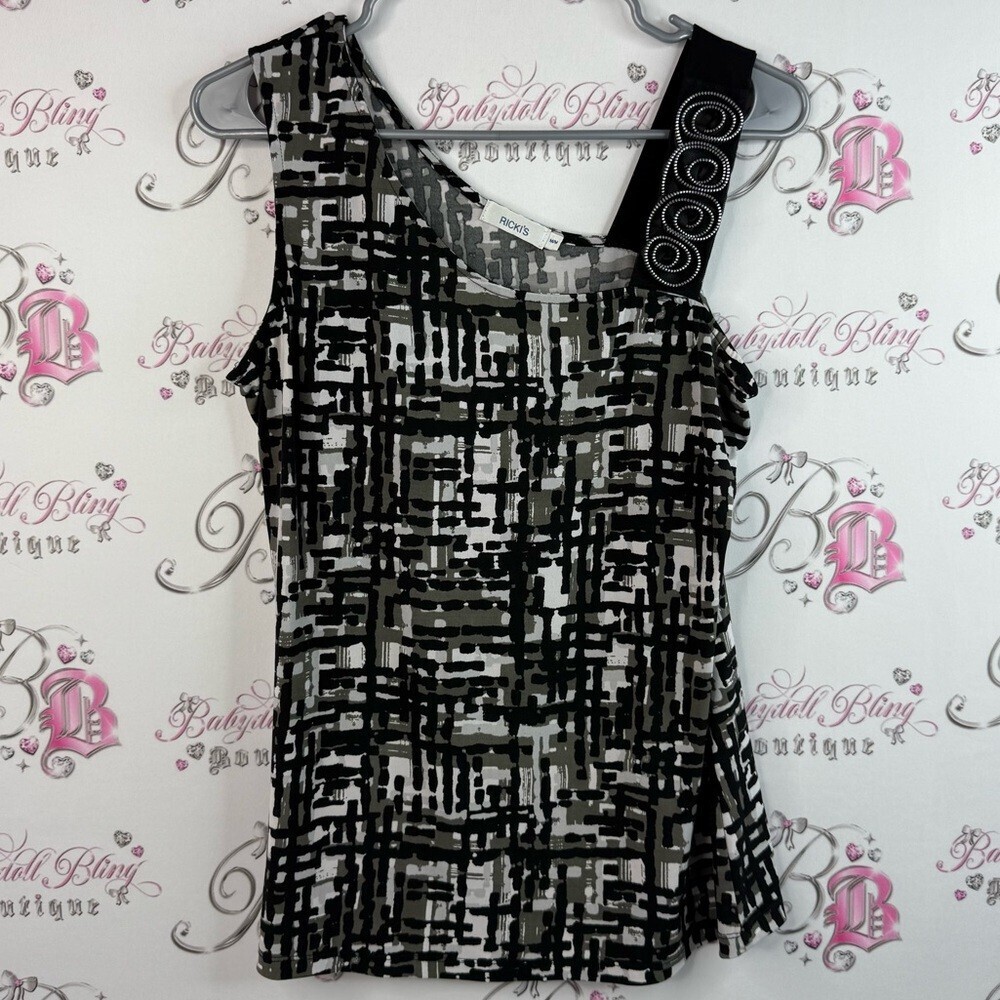 Ricki's tank top, abstract, zipper, rose detail, Black and Gray Patterned Top